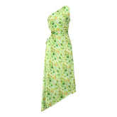 One Shoulder Sleeveless Long Smocked High Waist Flowy Pleated Bodycon Gown Maxi Dress
